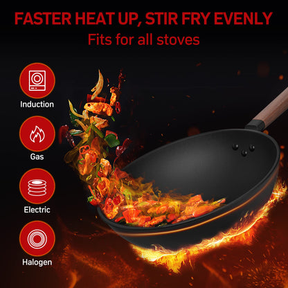 Jobin 33cm/5.6L Non Stick Wok with Lid Carbon Steel Frying Pan No Chemical Coated and Large Capacity for Cook Asian Dishes for 4-6 People, Ideal for