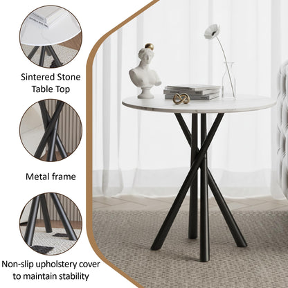 IMHKAM Round Side Table, White Small Stone Marble Coffee Table Living Room Bedside Table with Black Metal Legs Sofa Bedroom Office Table, 50x50x55cm