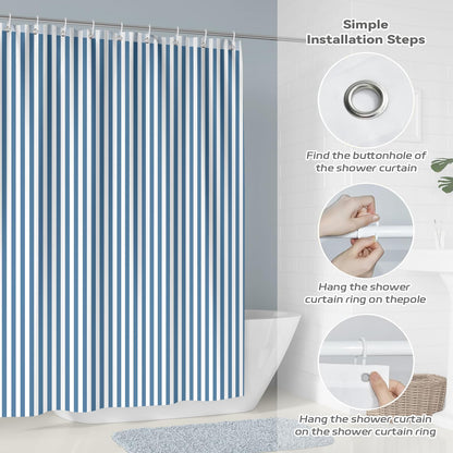Hopomoon Blue and White Striped Shower Curtain,Vintage Blue Vertical Striped Geometric Waterproof Polyester Fabric Bath Curtain with 12 Hooks 72 x 72