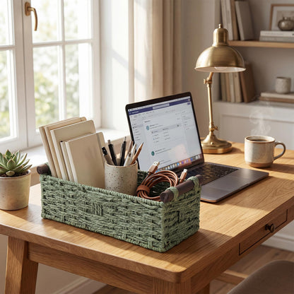Paper Rope Storage Wicker Baskets for Toilet Tank Top with Wooden Handle Small Decorative Organizer Bin Rectangular Tray for Countertop Shelf Green