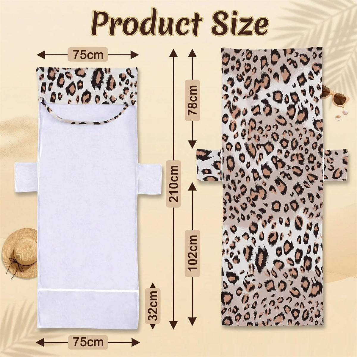 Surwin Sun Lounger Towel with Pockets, Leopard Print Beach Towel Chair Cover Sunbed Towels Lounger Bag for Summer Holiday Outdoor Garden Pool