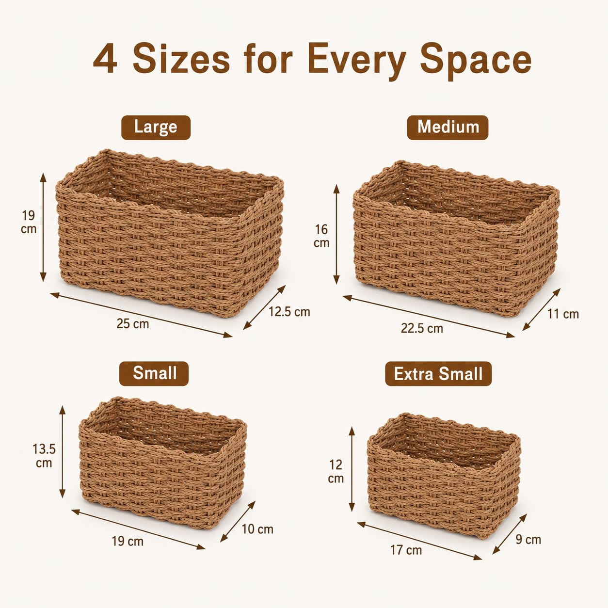Purecas Woven Storage Baskets 4-Piece Set Stackable (4 Sizes Brown)
