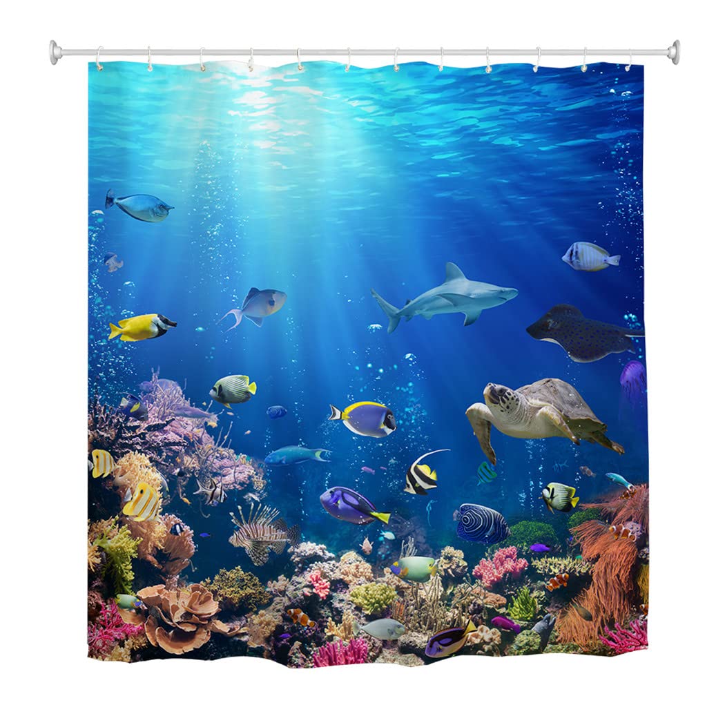 goodbath Extra Long Shower Curtain 240 drop, Under Ocean Fish Anti Mould Fabric Waterproof Bath Curtains for Bathroom Bathtub, 180 x 240 cm,Bright