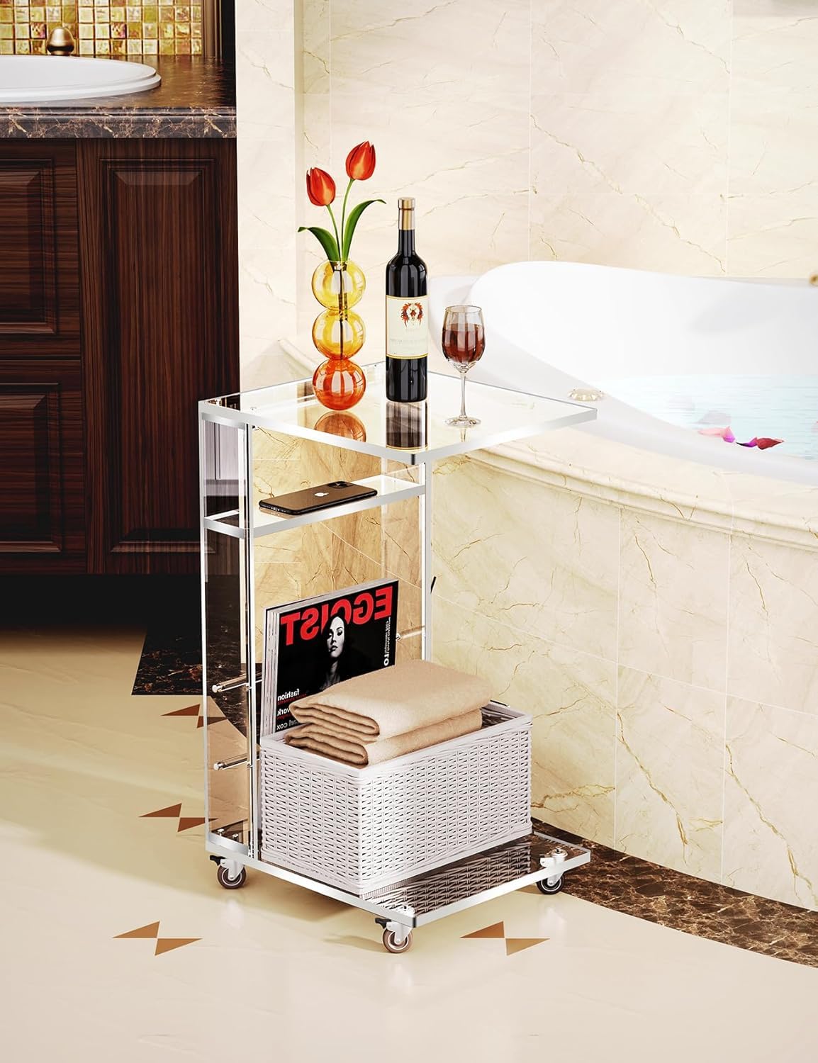 Acrylicolor Clear Acrylic C Shaped Side Table on Lockable Wheels(Clear)