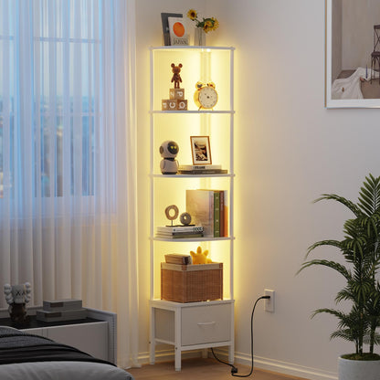 OYRREU 5-Tier Corner Shelf with LED Light & Fabric Drawer, White