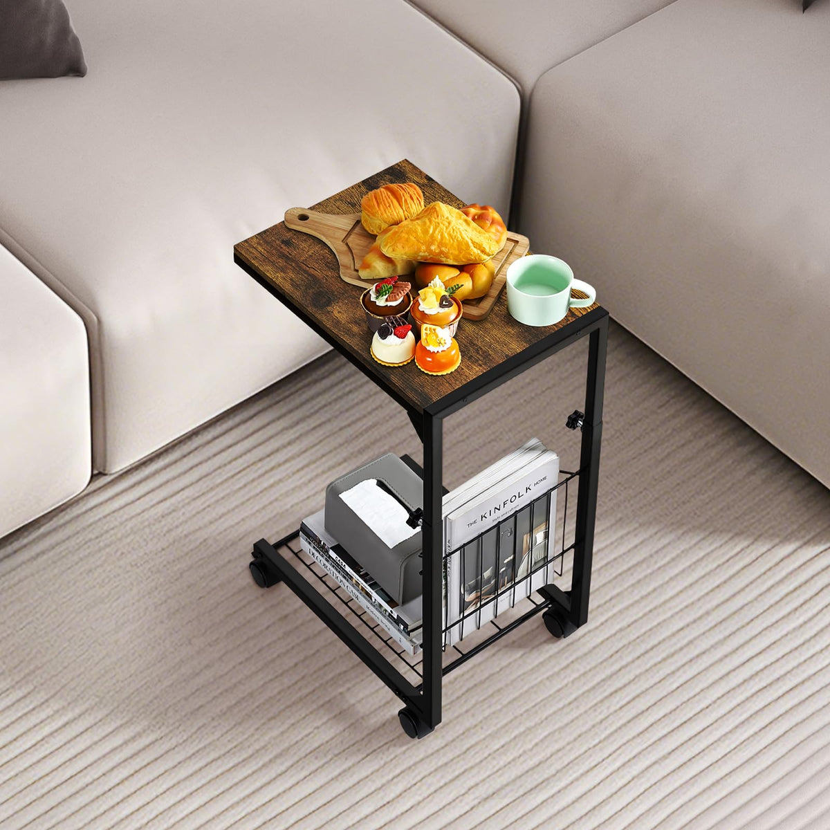 C Shaped Side Table Brown Adjustable C Table End Table With 2-Tier Shelf