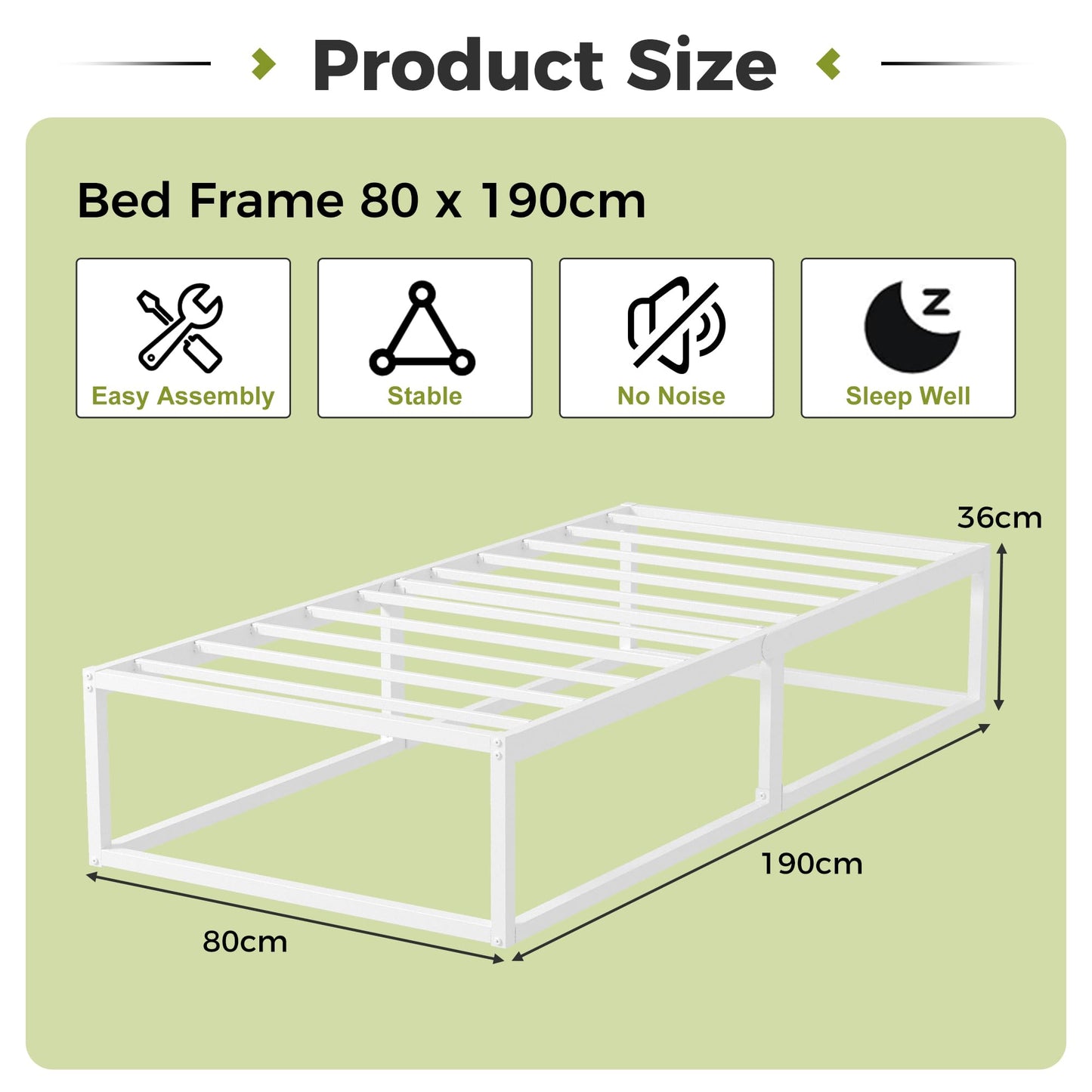 EMODA Metal Bed Frame 80 x 190cm with Steel Slats Support, White