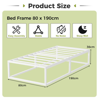 EMODA Metal Bed Frame 80 x 190cm with Steel Slats Support, White