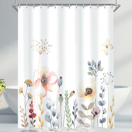 Lerores Shower Curtain 120 x 200 cm, Flowers Plant Weighted Hem Anti-Mould Textile, Water-Repellent, Washable Polyester Fabric Bath Curtains for