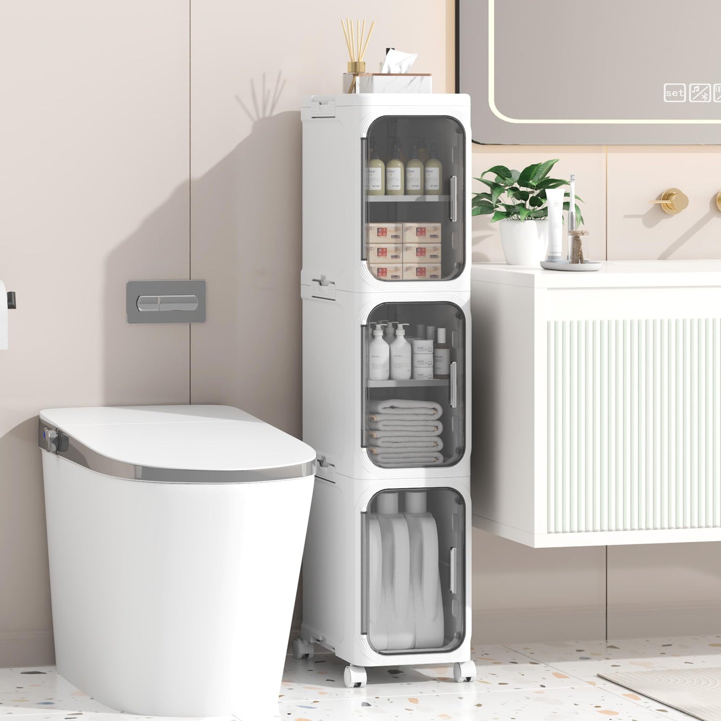 Enjinkail Slim Bathroom Cabinet, Freestanding Plastic Storage Unit with Door, Waterproof Small Trolley with Wheels for Office, Living Room, Kitchen,
