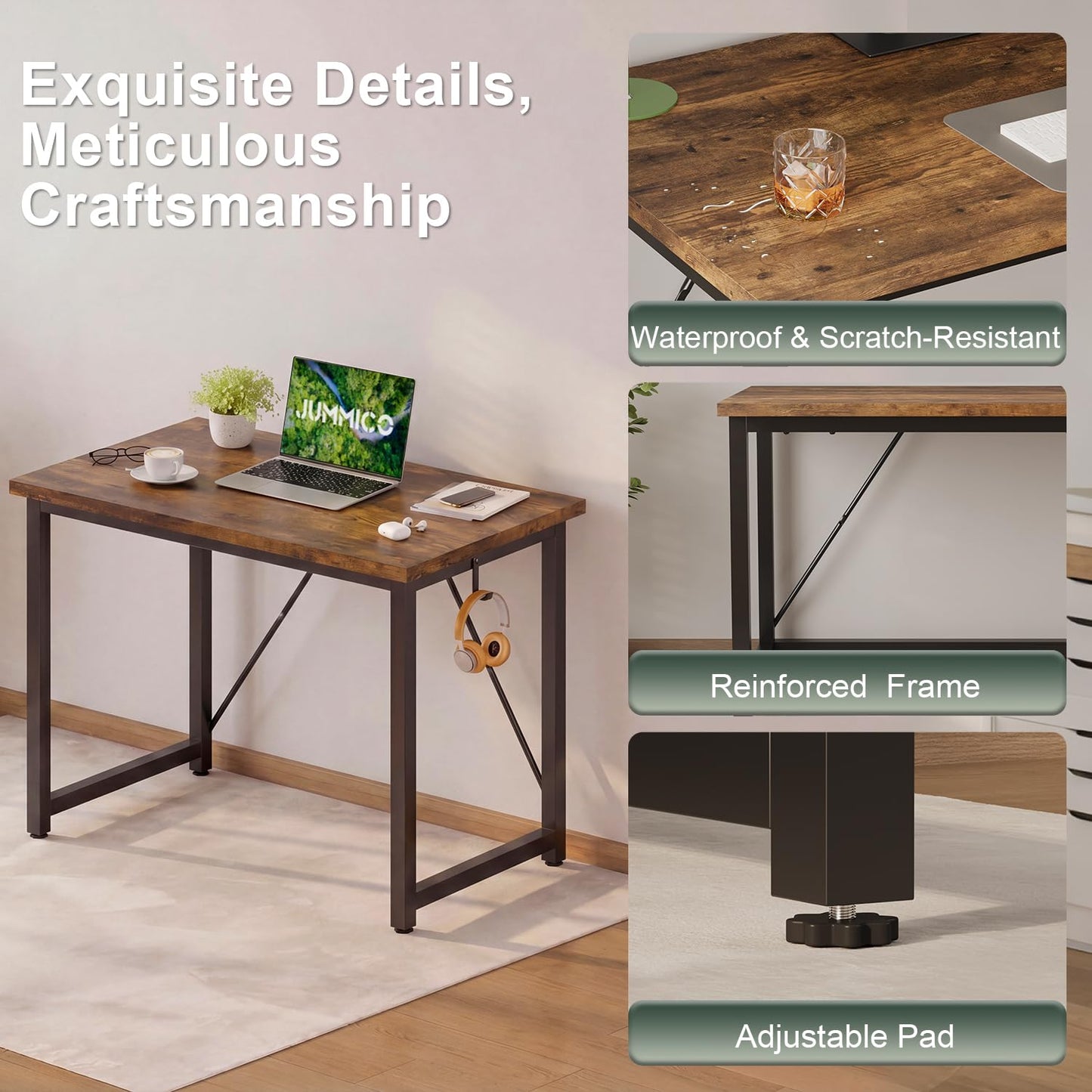JUMMICO Computer Desk Table Workstation 80 x 50 x 75 cm for Office Living Room Bedroom Simple Assembly Industrial Design Black Desk Metal