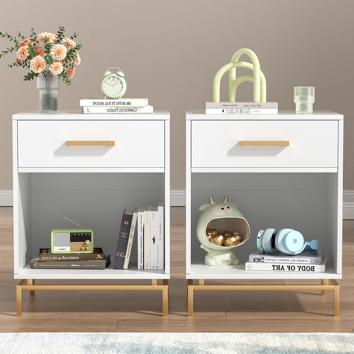 Skokliz Bedside Tables Set of 2 - White Cabinet with Drawer & Open Shelf, Modern End Table for Bedroom, Living Room & Small Spaces