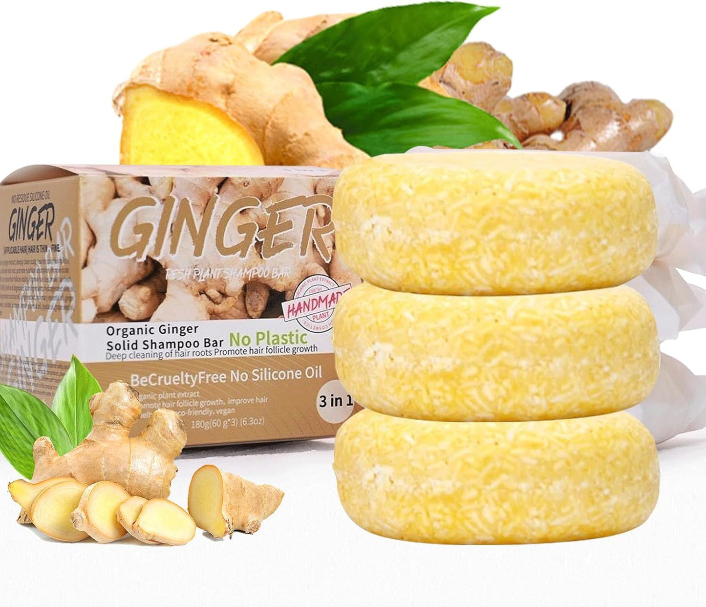 3PCS Ginger Hair Regrowth Shampoo Bar ? Organic Ginger Shampoo Bar for Hair Loss, Anti-Dandruff & Anti-Itch Solid Shampoo, Vegan Plastic-Free Hair