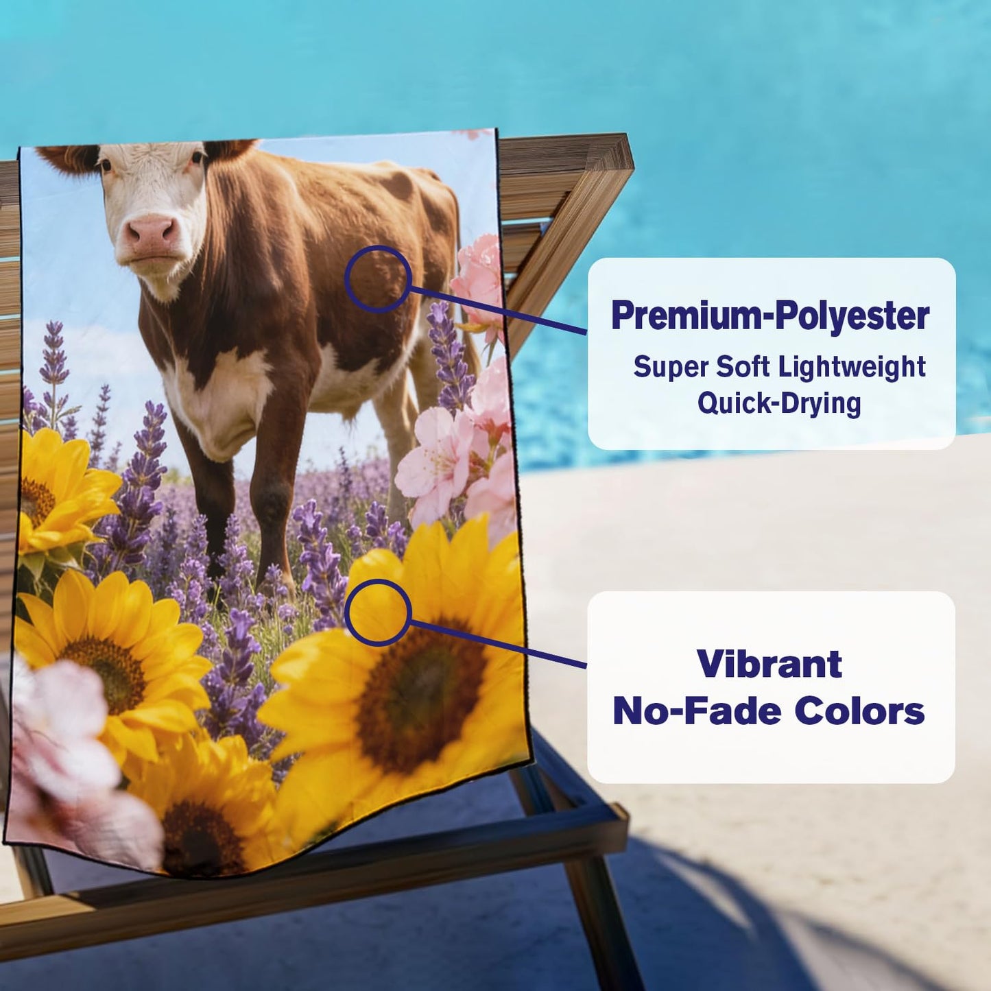 Violetpos Cow in Sunflowers & Lavender Beach Towel, Extra Large 180x90 cm 250GSM Microfibre, Sand Free Quick Dry
