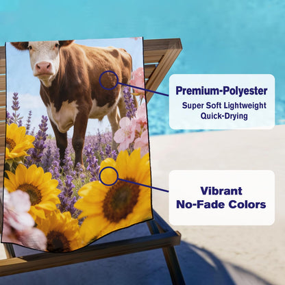 Violetpos Cow in Sunflowers & Lavender Beach Towel, Extra Large 180x90 cm 250GSM Microfibre, Sand Free Quick Dry