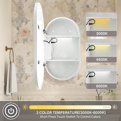 Janboe Oval Mirror Cabinet with Light,LED Mirror Cabinet,USB Shaver Socket,Internal Light,Steel with Powder Coating,Soft Closing Hinge,51cm×81cm,White
