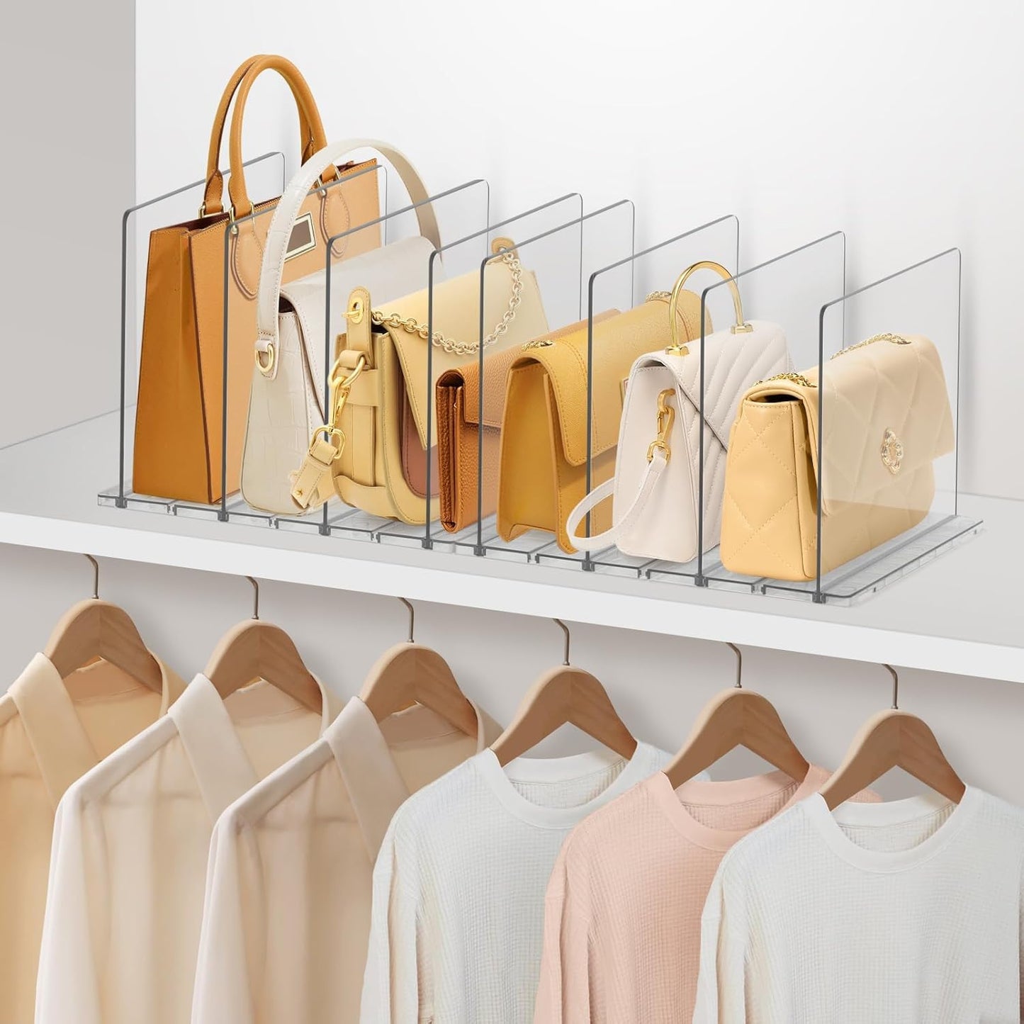 DoubleCare Pack of 8 Shelf Dividers, Adjustable Pocket Dividers, Transparent Acrylic Shelf Dividers, Transparent Handbag Organiser for Cupboards