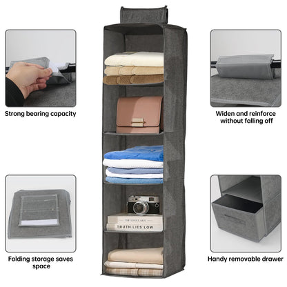 FALSKT 2PCS Hanging Storage with 5 Shelves and Removable Drawer Fabric Hanging Shelves Foldable Hanging Wardrobe Organiser Wardrobe Storage Organiser