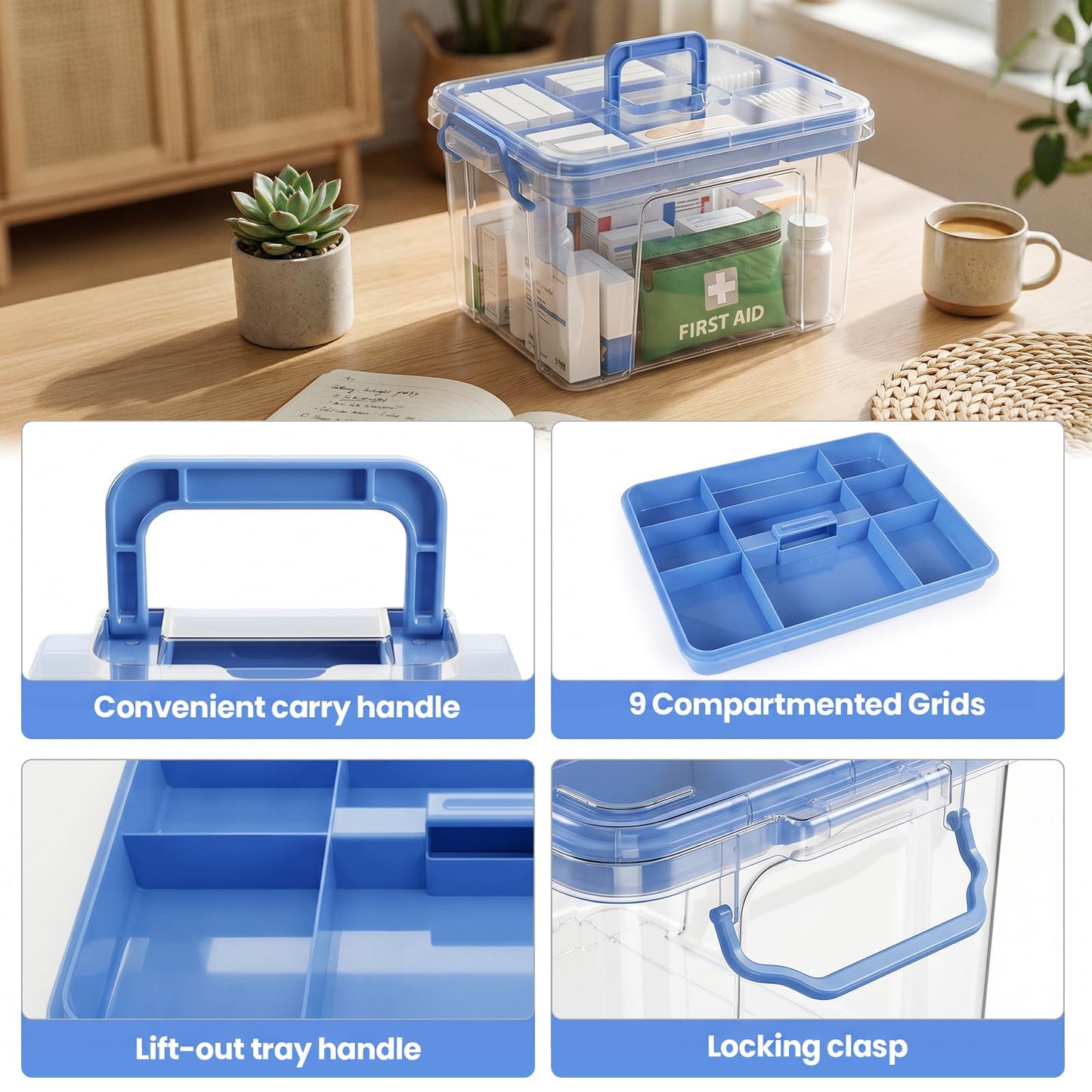 Stidyzo Medicine Storage Box, 2-Layer Medicine Organiser with Lid, Blue