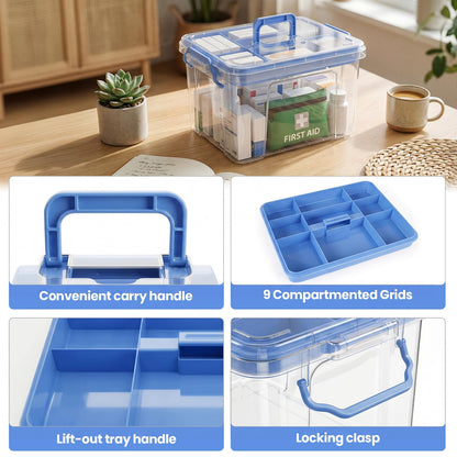 Stidyzo Medicine Storage Box, 2-Layer Medicine Organiser with Lid, Blue
