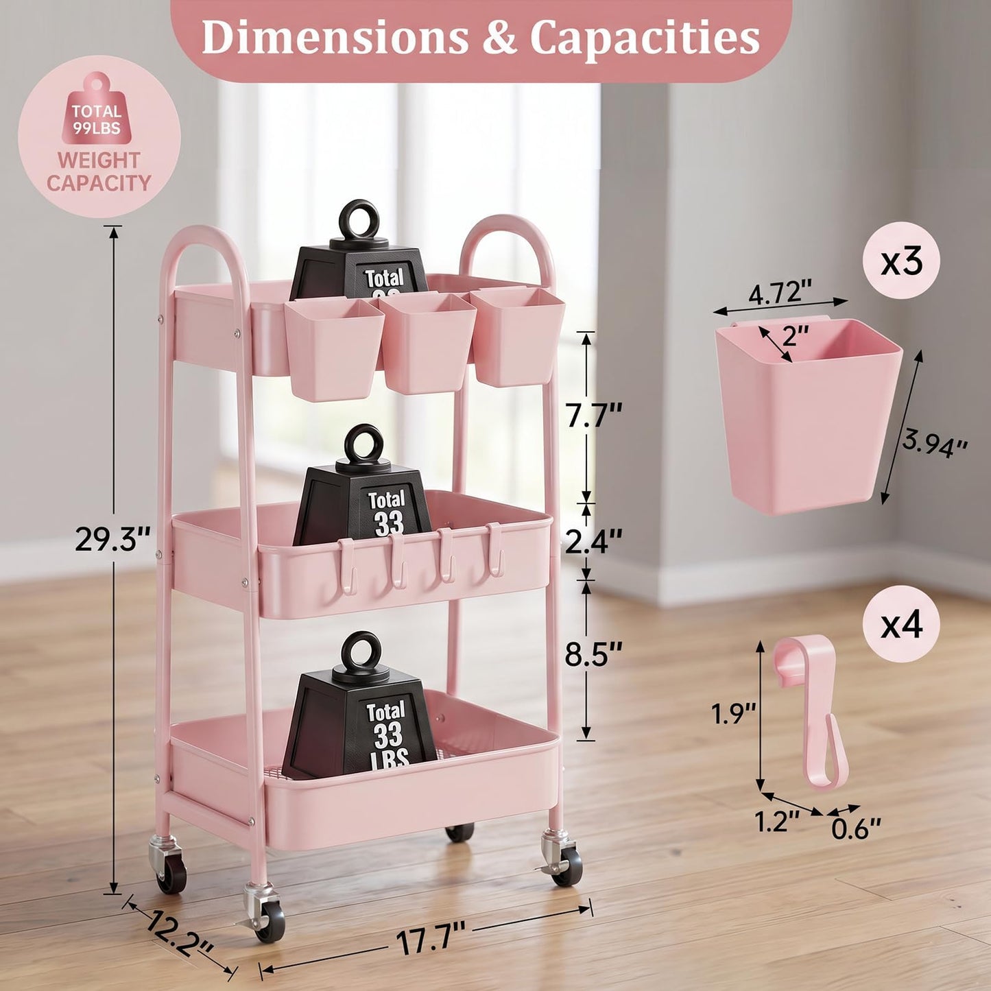 danpinera 3-Tier storage trolley, Metal storage cart with Lockable Wheels & Hanging Cups & Hooks, storage trolley on wheels for bathroom, kitchen