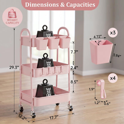 danpinera 3-Tier storage trolley, Metal storage cart with Lockable Wheels & Hanging Cups & Hooks, storage trolley on wheels for bathroom, kitchen