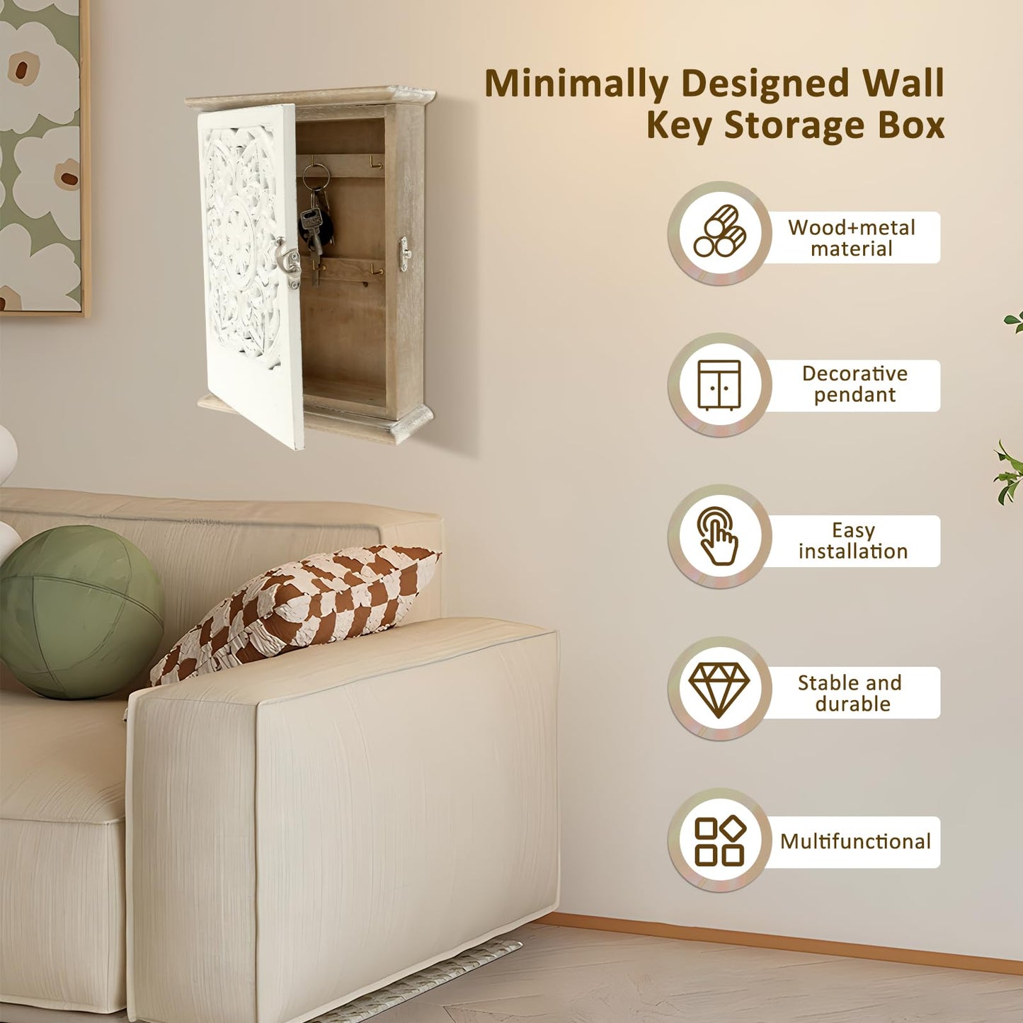 NIHUIFDPY Wooden Key Cabinet Wall Mounted, Decorative Hollow Design Key Storage Box 6 Hooks