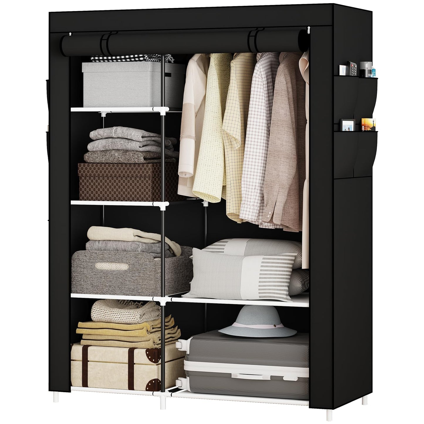 OPPAIYA Canvas Wardrobe for Bedroom, Fabric wardrobes carries five storage boxes, one hanging rail and four side pockets, 105 x 45 x 165 cm, Pop up