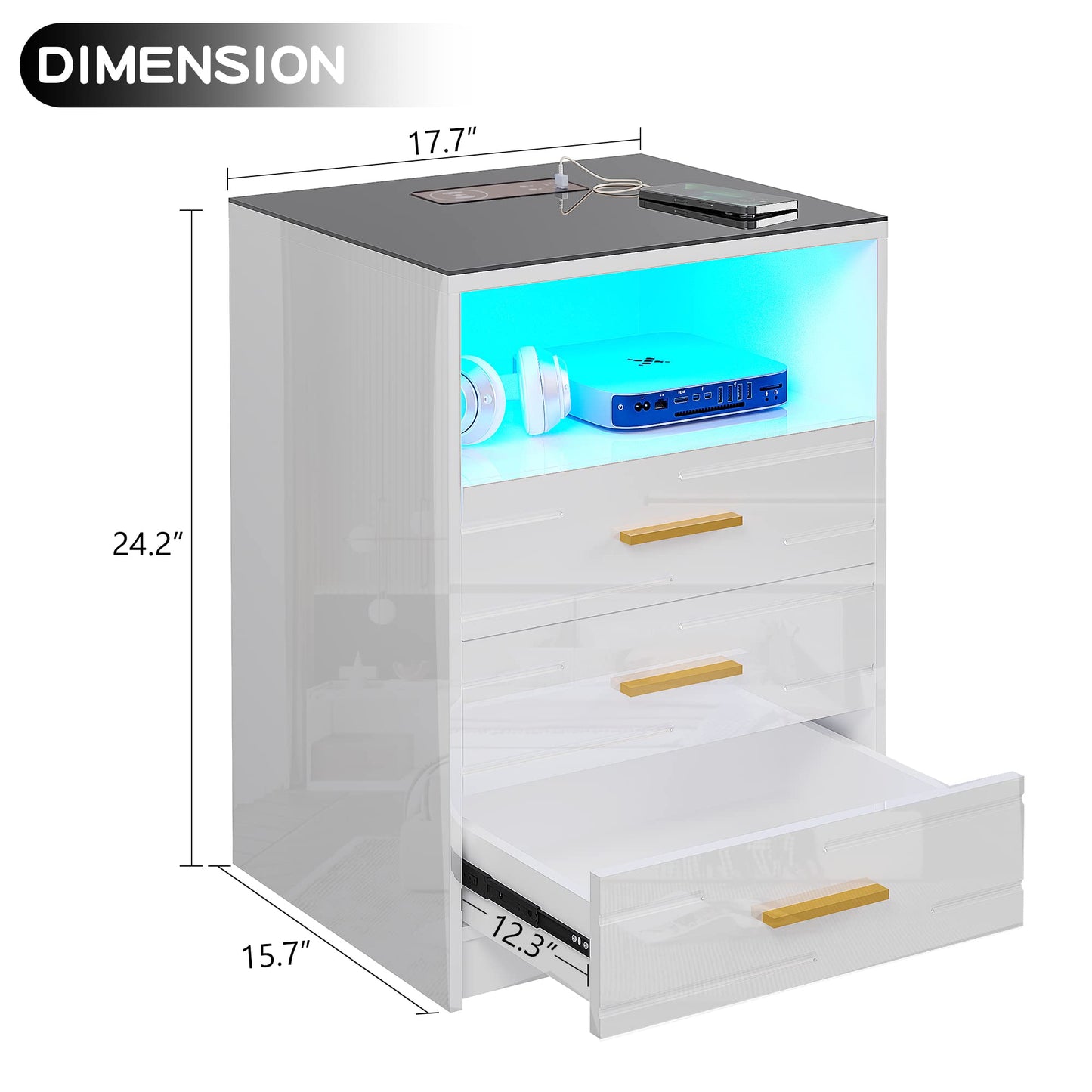 Bedside Table with Wireless Charging Station & 3 Drawers for Living Room