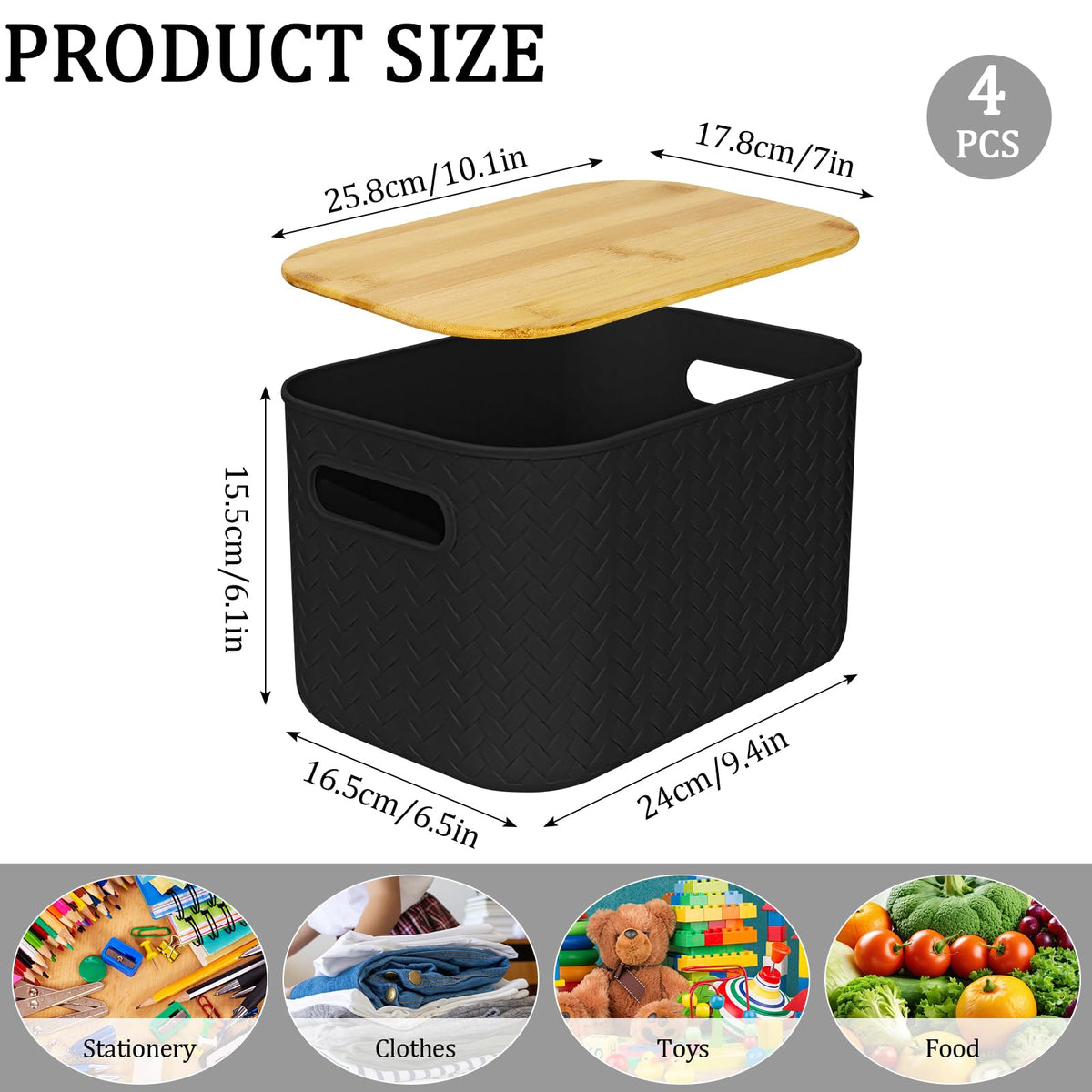 RWFMO 4 Pcs Plastic Black Storage Baskets with Bamboo Lid for Bathroom