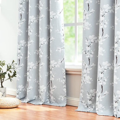 Fmfunctex Grey Floral Blackout Curtains for Bedroom 90 inch Drop Eyelet Curtains for Living Room Nursary Blossom Thermal Insulated Window Curtain
