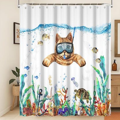 Xiaoterna Ocean Shower Curtain Bubble Marine Life Deep Sea Bathroom Curtain Cat Diving Shower Curtain Tropical Fish Turtle Shower Curtain Machine
