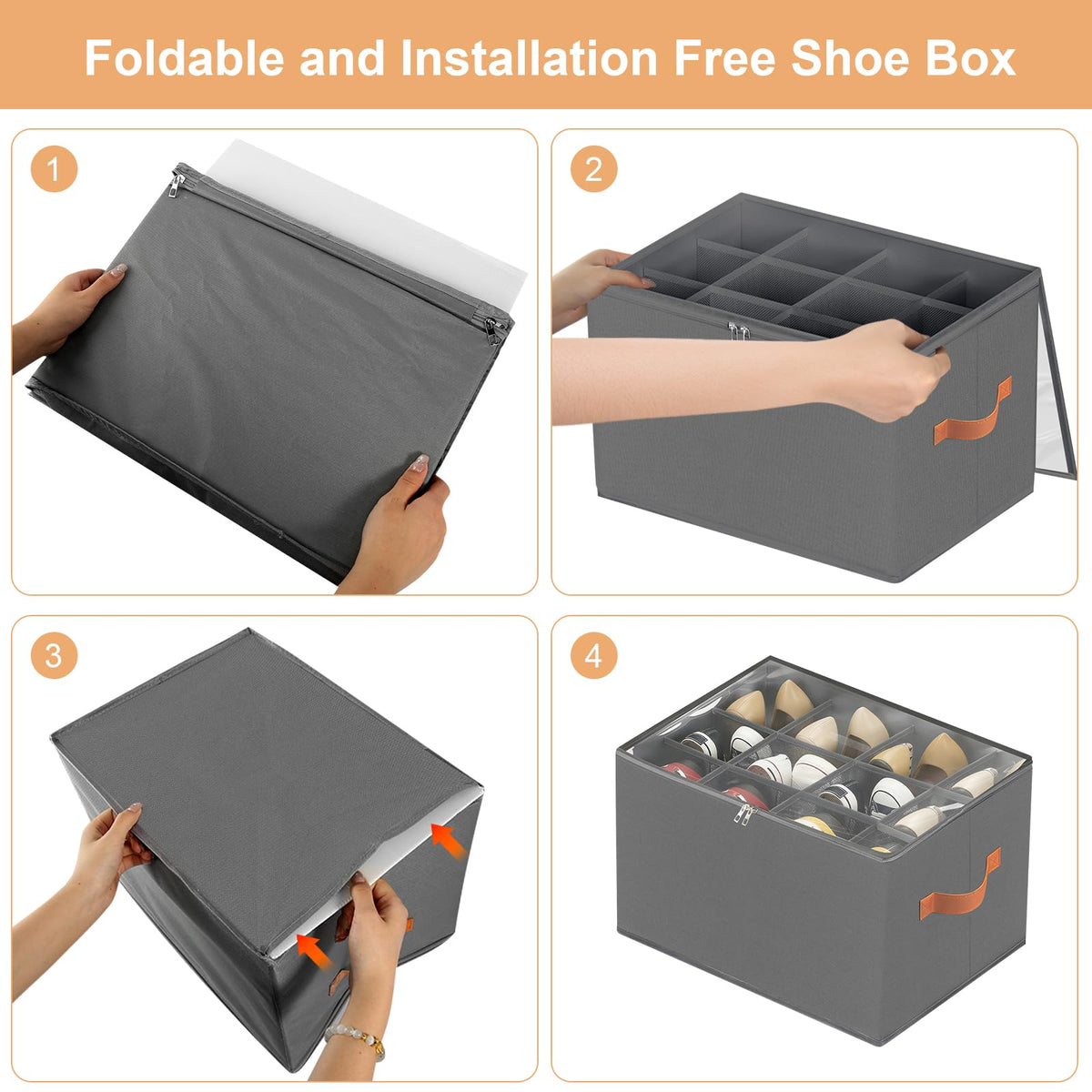GFUEIGJ Space Saver Shoes Containers Bin Foldable Shoe Organiser Fabric Shoe Storage Box Shoe Organiser with Clear Lids for Wardrobe (1 Pack Gray)