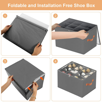 GFUEIGJ Space Saver Shoes Containers Bin Foldable Shoe Organiser Fabric Shoe Storage Box Shoe Organiser with Clear Lids for Wardrobe (1 Pack Gray)