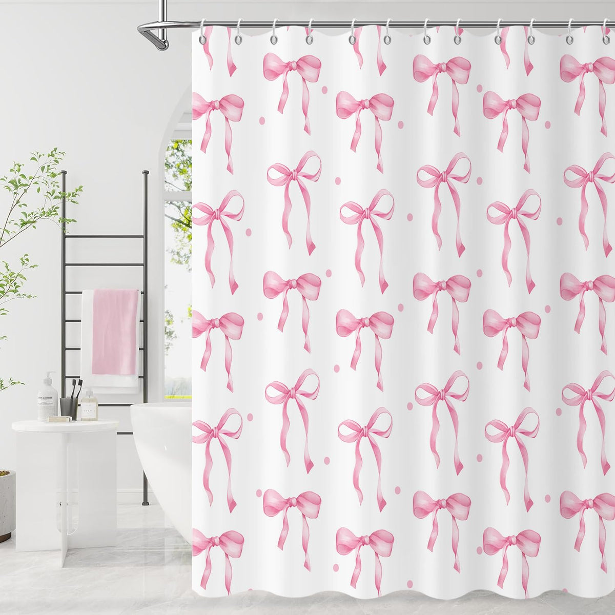 GCIREC Shower Curtain, 180x200cm, Pink Cute Aesthetic Bowknot Bows Waterproof Fabric Machine Washable Bathroom Curtain with Hooks