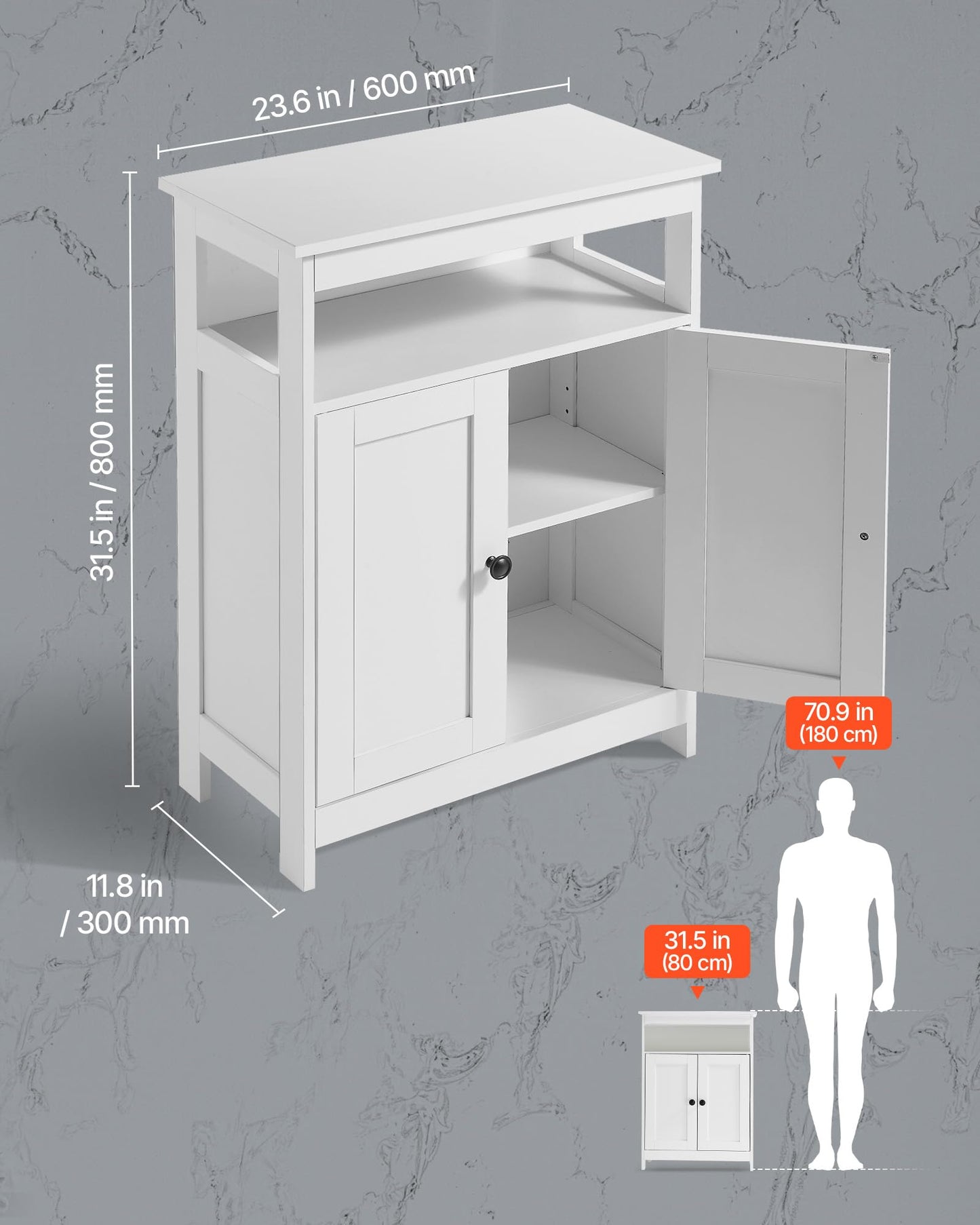 VEVOR Bathroom Floor Cabinet, 3-Tier, Wooden Storage Organizer with 2 Doors and Adjustable Shelf