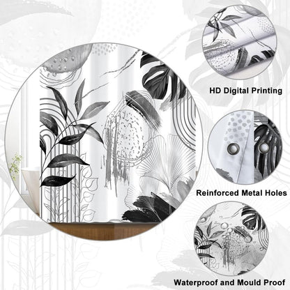 Uiiooazy Anti-Mould Shower Curtain, Narrow Shower Curtain 90 x 180 cm, Grey Tropical Palm Leaves Jungle Boheme Bath Curtains Washable Fabric