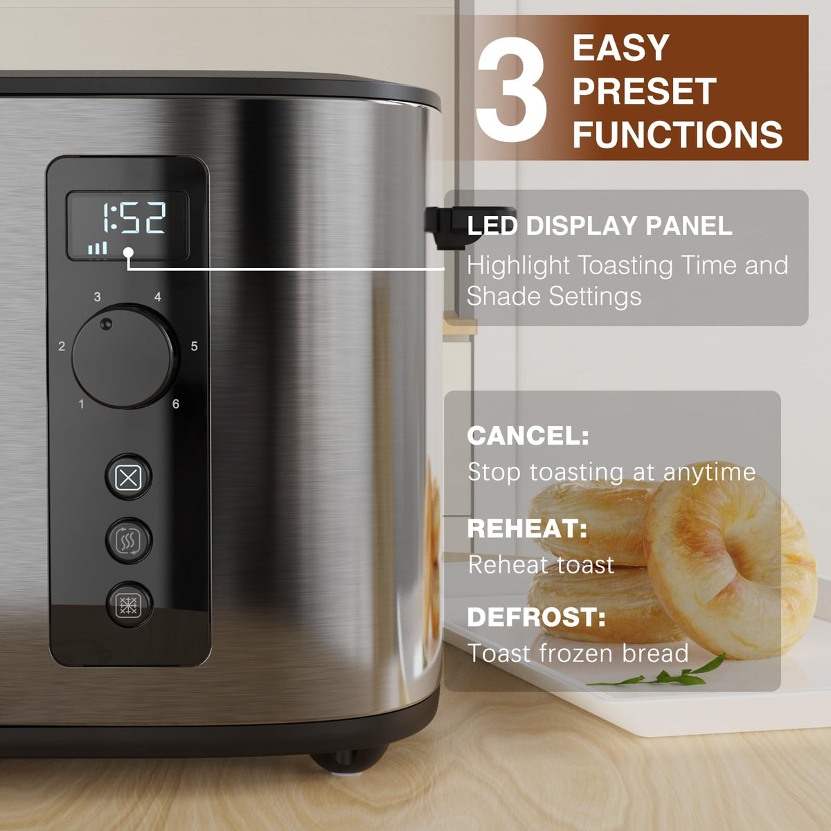 Anfilank Toaster 4 Slice, Countdown Timer, 6 Browning Settings, Built-in Warming Rack, Defrost/Reheat/Cancel Functions, Removable Crumb Tray,