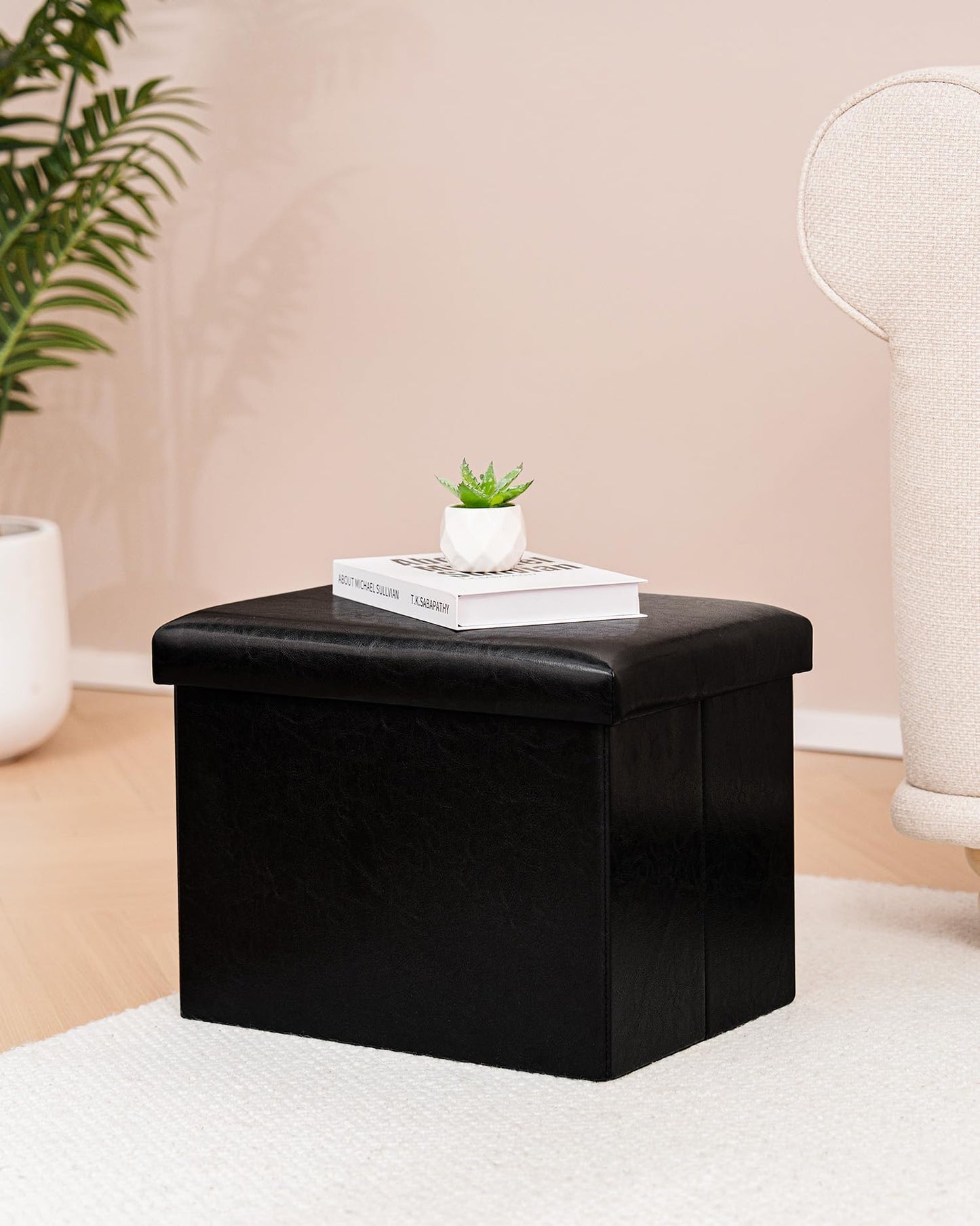 Bonlife Synthetic Leather Ottoman Storage Box, Foldable Toy Chest, Kids Footstool with Storage, Multi-Use Footrest for Living Room & Bedroom, Black