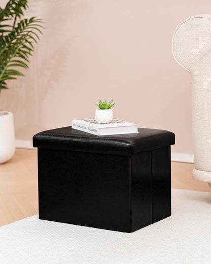 Bonlife Synthetic Leather Ottoman Storage Box, Foldable Toy Chest, Kids Footstool with Storage, Multi-Use Footrest for Living Room & Bedroom, Black