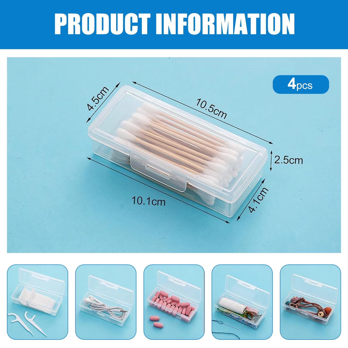 4PCS Transparent Cotton Swab Holder for Travel, Portable Refillable Plastic Storage Box with Lid - Dustproof Dispenser for Cotton Buds, Toothpicks