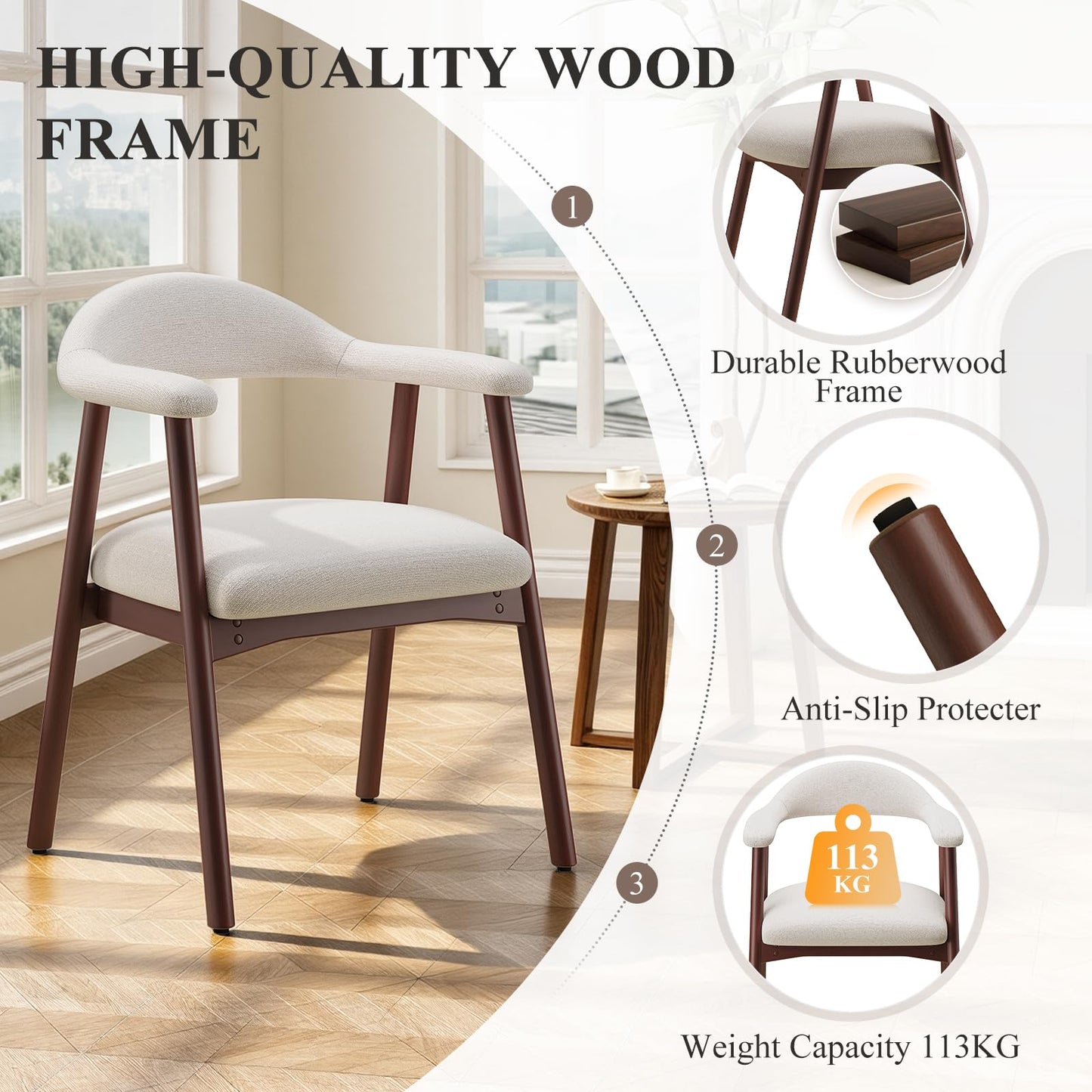 MALOL Wooden Dining Chairs Set of 4, Fabric Chairs for Dining Room with Armrest, Upholstered Kitchen Chairs with Curved Back and Wood Legs for Dining
