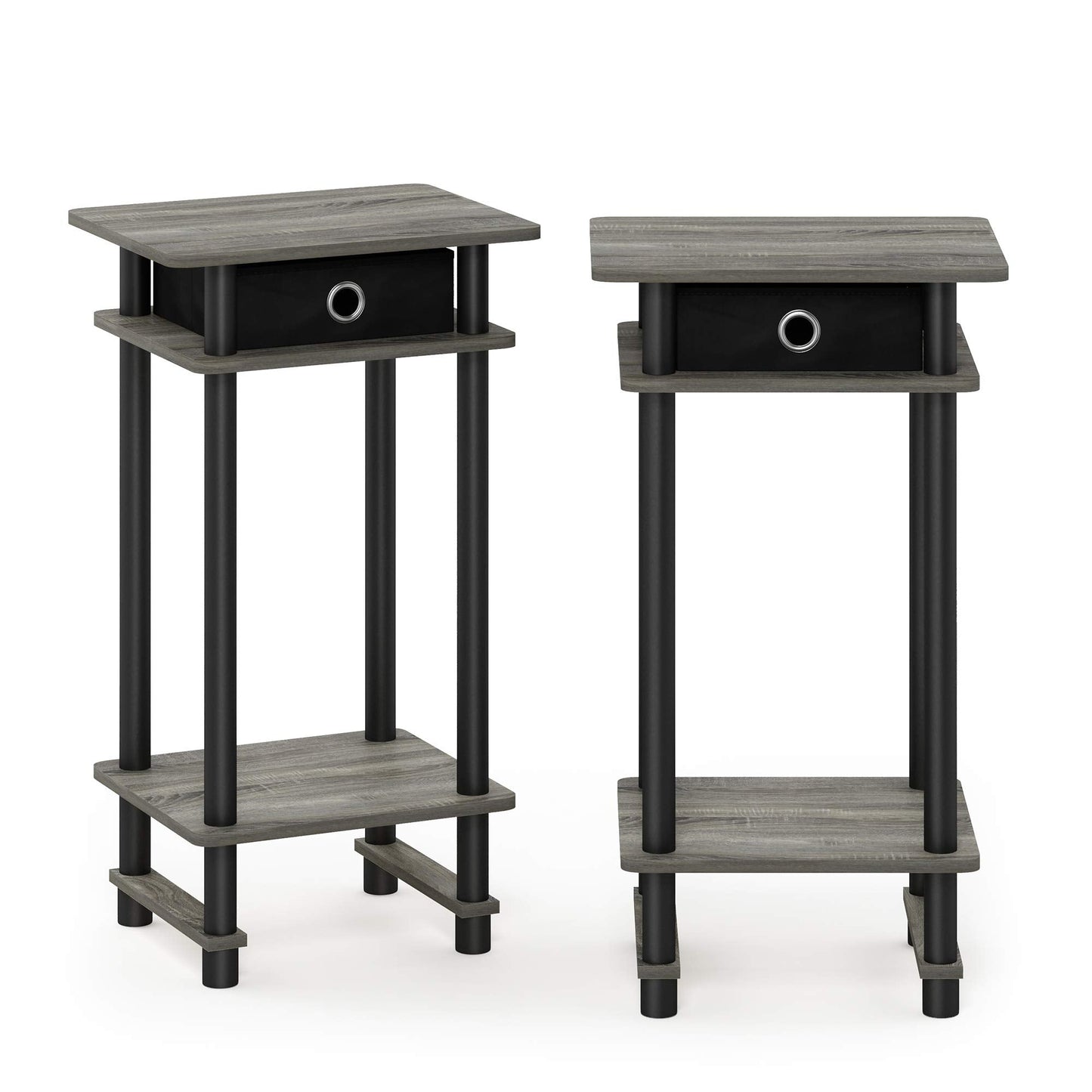 Furinno TURN-N-TUBE Side Table Set of 2, 3-Tier End Table with Storage Bin, Open Shelf Night Stand, Bedside Table, for Living Room, Bedroom