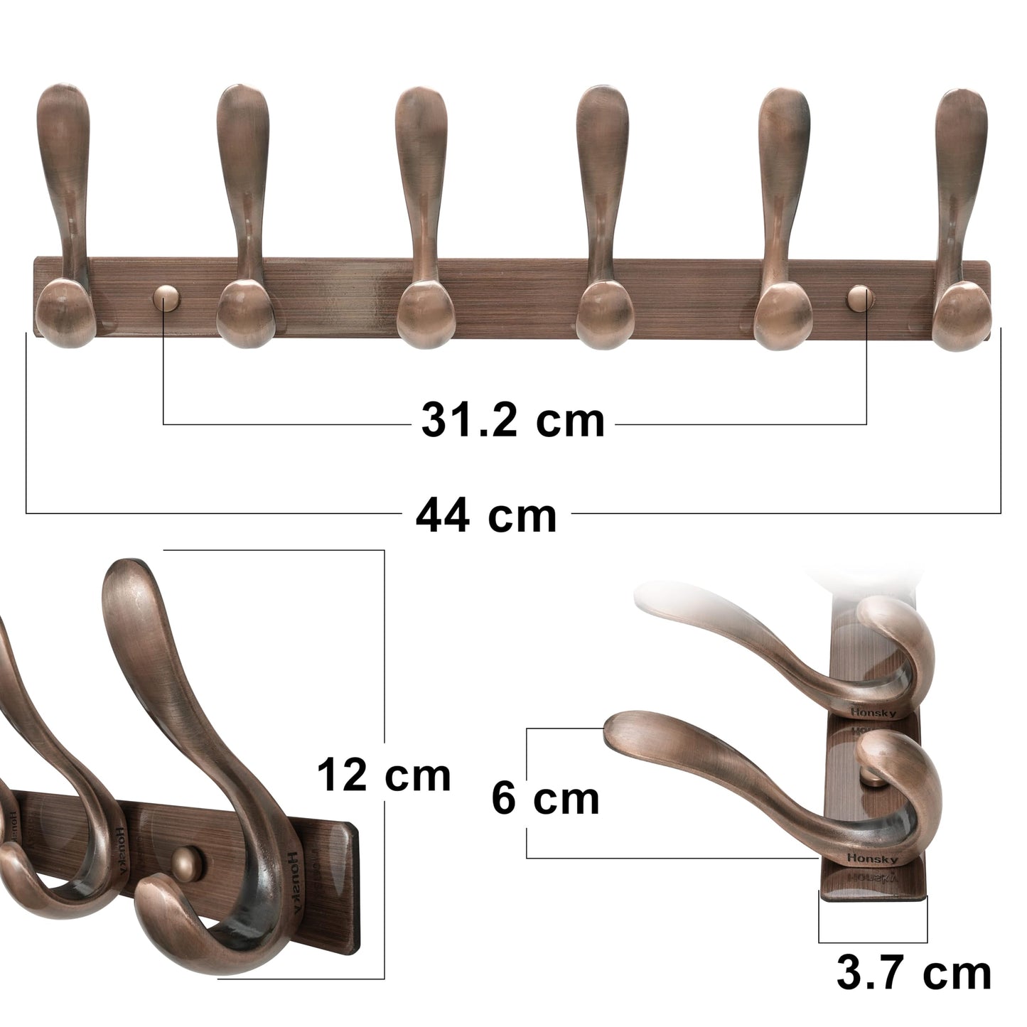 HONSKY Wall Coat Rack- Stylish,44cm Metal Coat Hanger Wall Mounted,Heavy Duty 6 Hooks Wall Coat Hook for Hallway, Bedroom