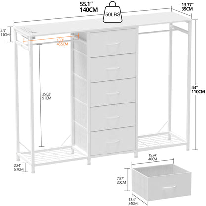 Trironsun 5 Drawer Dresser with Clothes Rack Chest of Drawers with Clothes Rail LED Lights Wardrobe Closet Drawers Charging Station Flexible Shelf