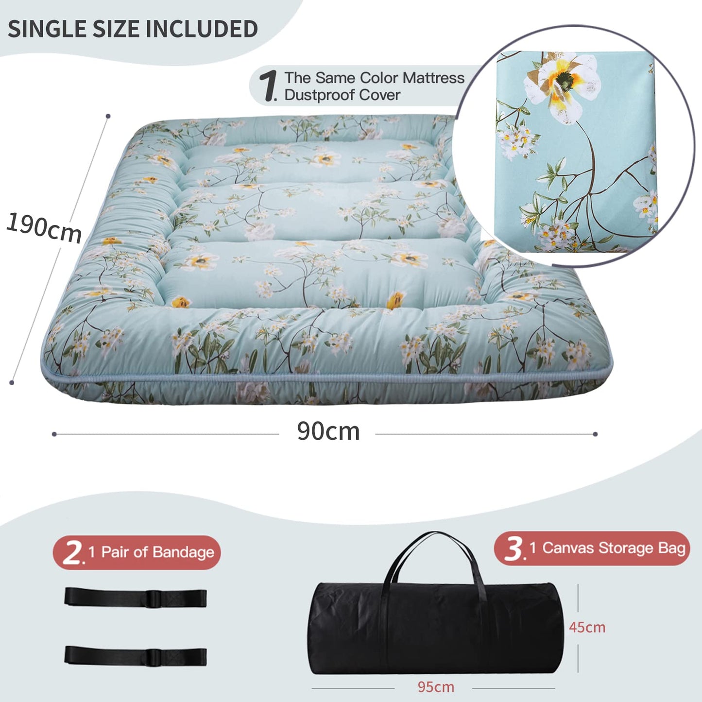 MAXYOYO Japanese Floor Futon Mattress, Thicken Tatami Mat Sleeping Pad Foldable Roll Up Mattress Dormitory Mattress Pad Floor Lounger Pillow Bed