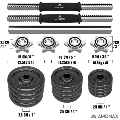 Amonax 20kg Cast Iron Adjustable Dumbbells Weight Set, Barbell Set Men Women, Strength Training Equipment Home Gym Fitness, Dumbell Pair Hand , Bar