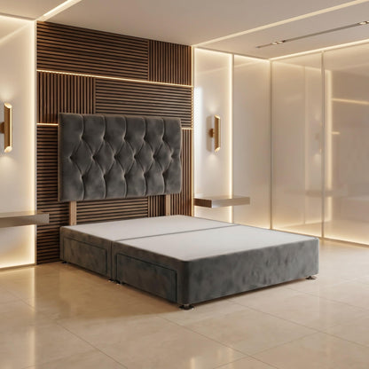 Bed Centre Divan Bed Base with Headboard – 2FT6 Small Single | Charcoal Plush Fabric | No Drawers | Luxury Upholstered Headboard