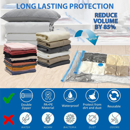 Vacuum Storage Bags Pack of 6 (2 Medium, 2 Large, 2 Jumbo) - Space-Saving Compression Bags with Airtight Seal - Reusable Zipper Bags for Clothes