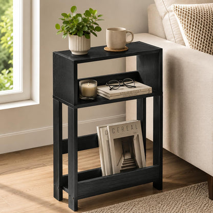 ZEXVIDA Narrow Side Table with Storage Shelf, 3-Tier Slim End Table & Nightstand for Bedroom, Living Room, Sofa Side Table for Small Spaces (Black)